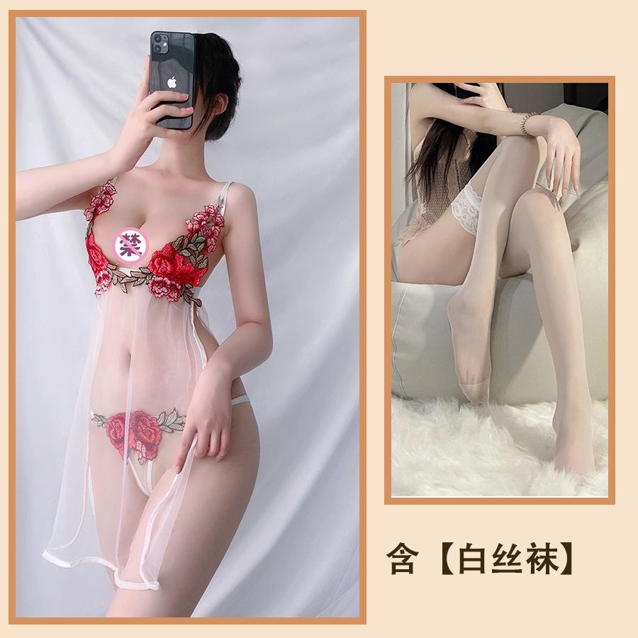 Sexy Lingerie Sexy Suspender Split Nightdress Rose Embroidered Lace Mesh Seduction Nightdress Salesian Suit
