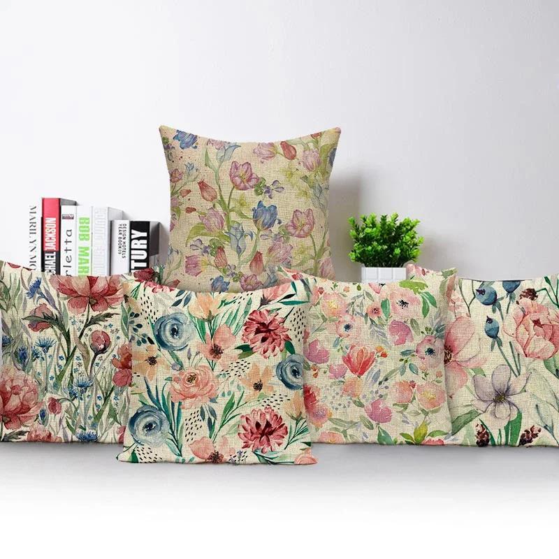Flower Pattern Decorative Sofa Seat Cushion Cover Fresh Floral Print Pillowcase Home Decor Square Custom Throw Pillows Cover