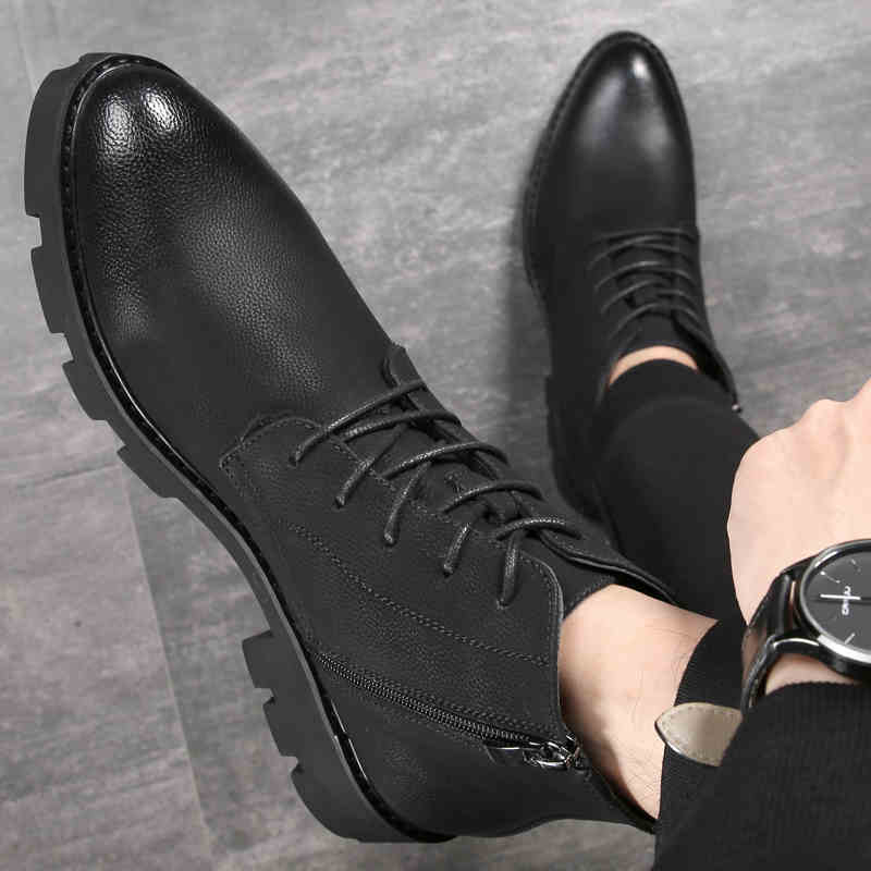 Fashion Men Casual Business Office Formal Dress Platform Boots Lace-up Original Leather Shoes Black Trend Cowboy Boot Ankle Botas Hombre