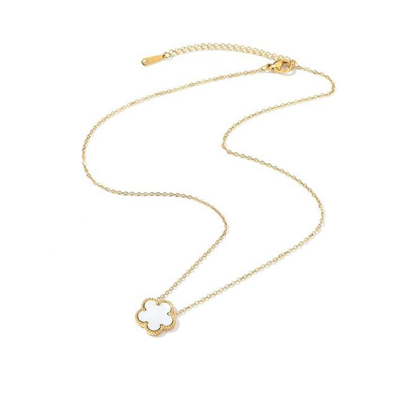 Collier en Acier Inoxydable Plaqué Or 14K Femme Cinq Pétales de Feuille Colliers Double Face pour Femmes Pendentif Fleur Trèfle Bijoux