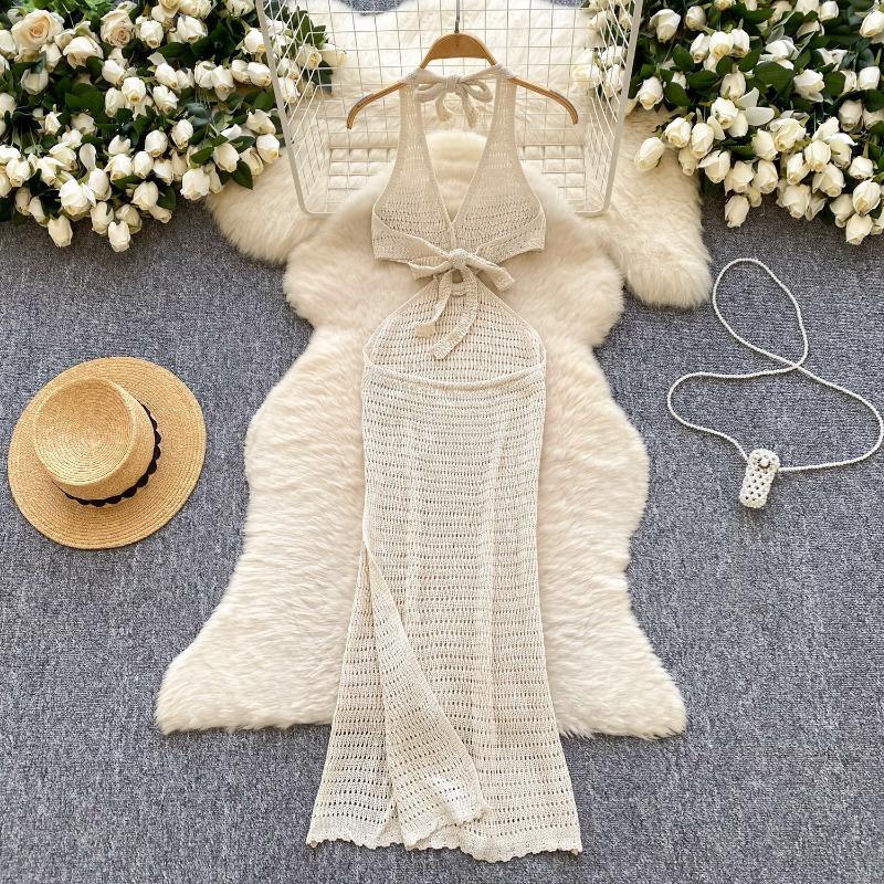 Women's Vacation Style Halter Dress Summer Deep V-neck Slit Backless Strappy Dress