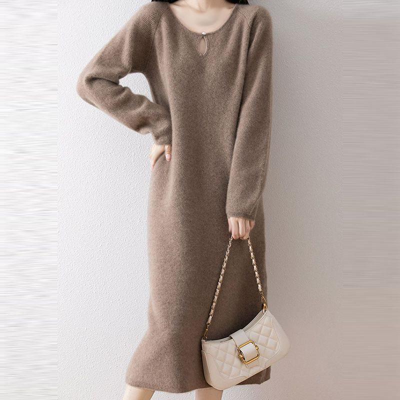 Solid Color Knitted Sweater Dress - Round Neck, Mid-Length, Loose Fit, Slimming, Fashionable for Spring and Autumn