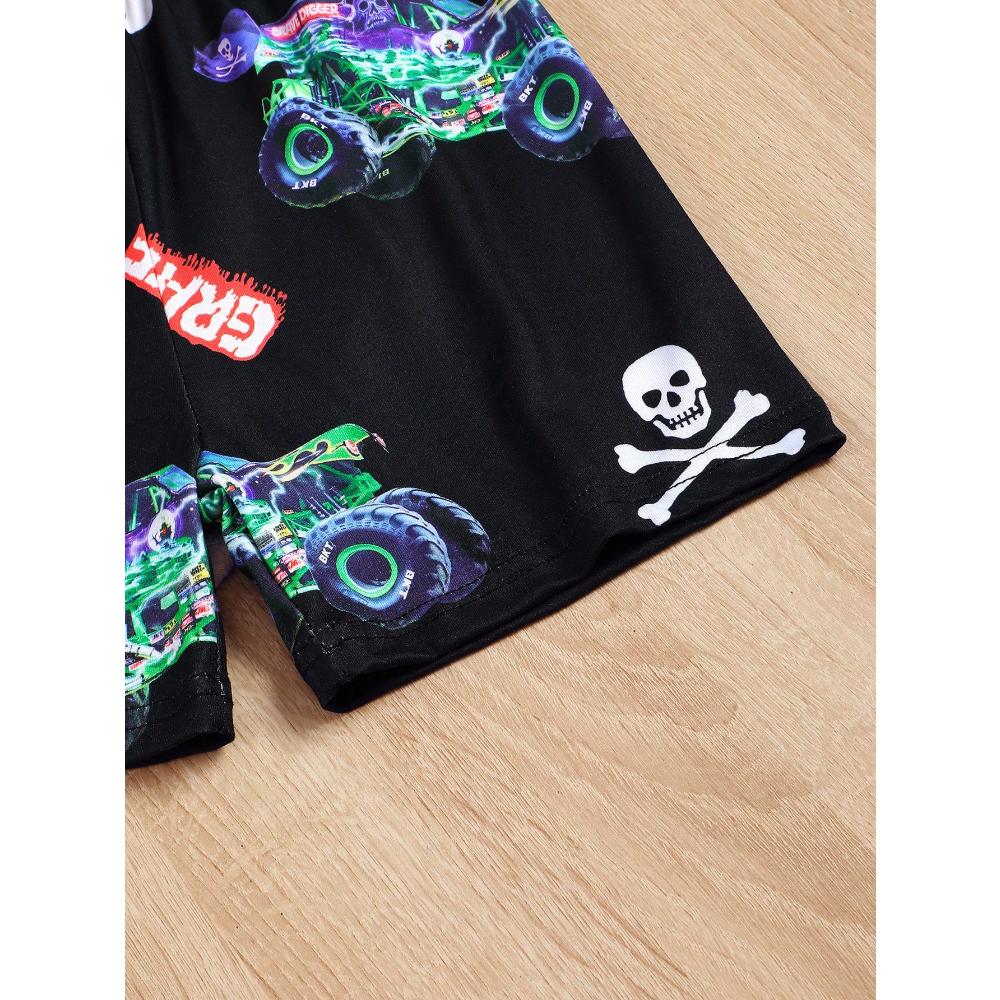 Boys Summer Clothing - Cartoon Car Print Short Sleeve Top and Shorts, Stylish, Casual, Comfortable