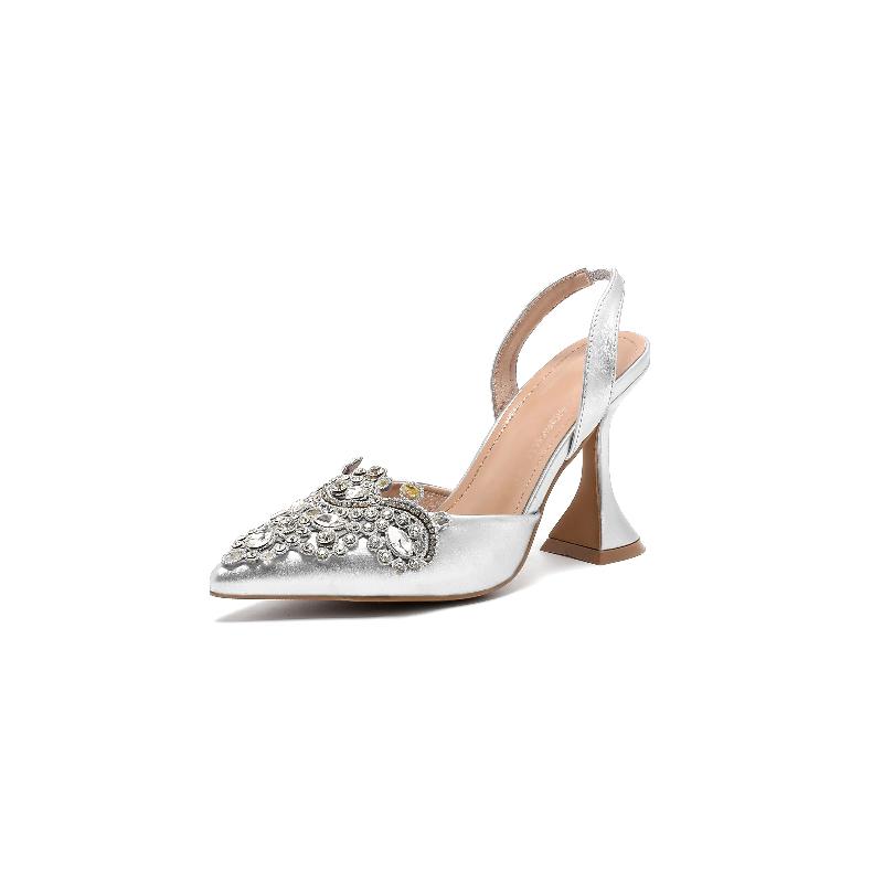 Spring And Summer Women's High Heel Wedding Shoes Pointed Rhinestone Wine Glass Heel Sandals With Empty Back Shoes