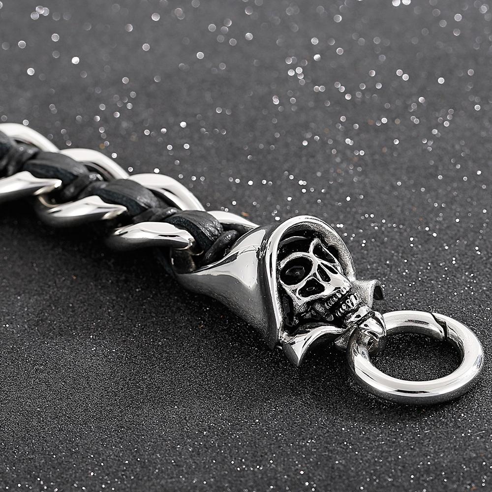 Cool Men's Braided Genuine Leather Skull Bracelet for Men Gothic Cast 316l Stainless Steel Wristband Punk Biker Bracelet Jewelry
