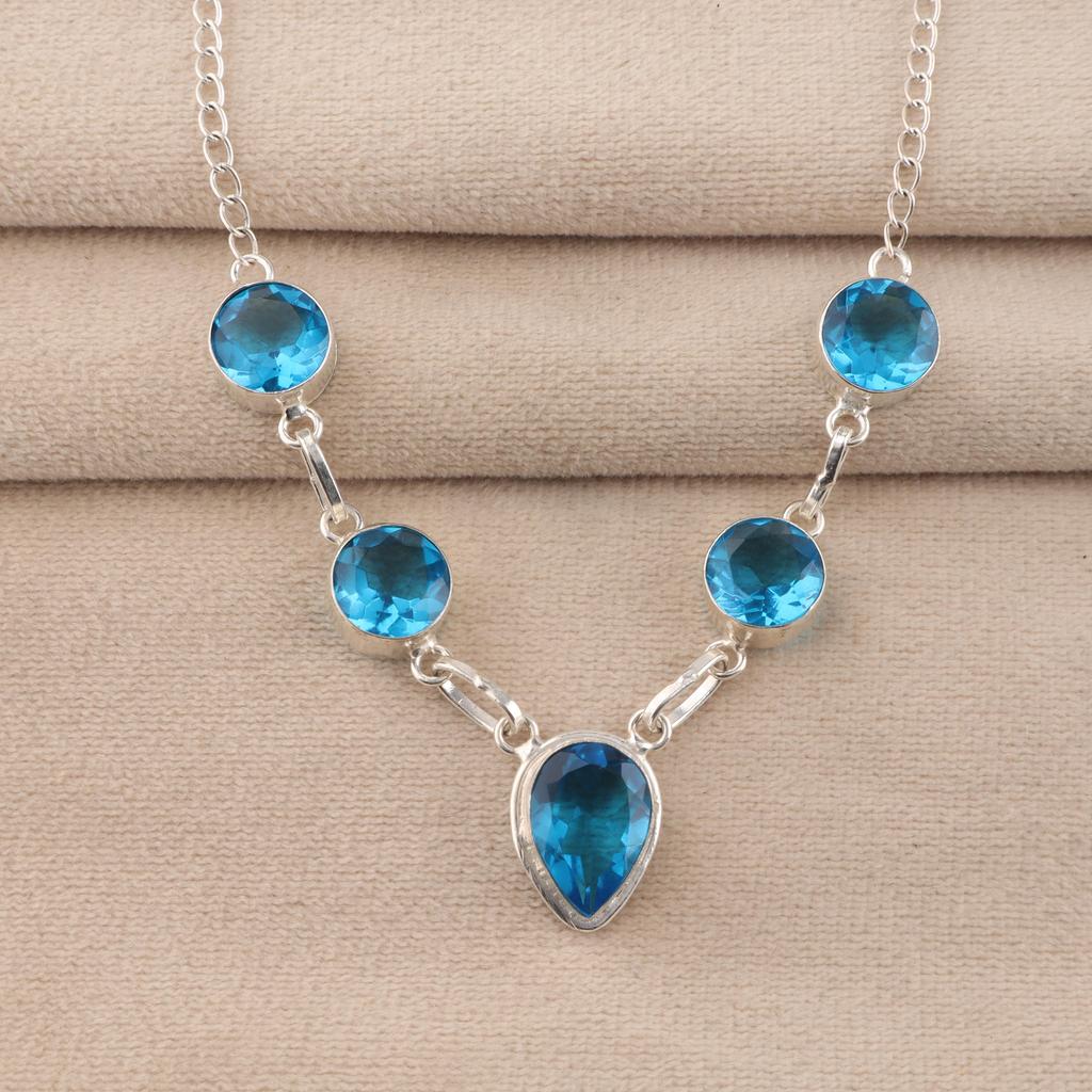 Naturlig Schweizisk Blå Topas Ädelsten Silverhalsband 925 Sterling Silver Handgjort Halsband 16-18' För Henne RN-3-12