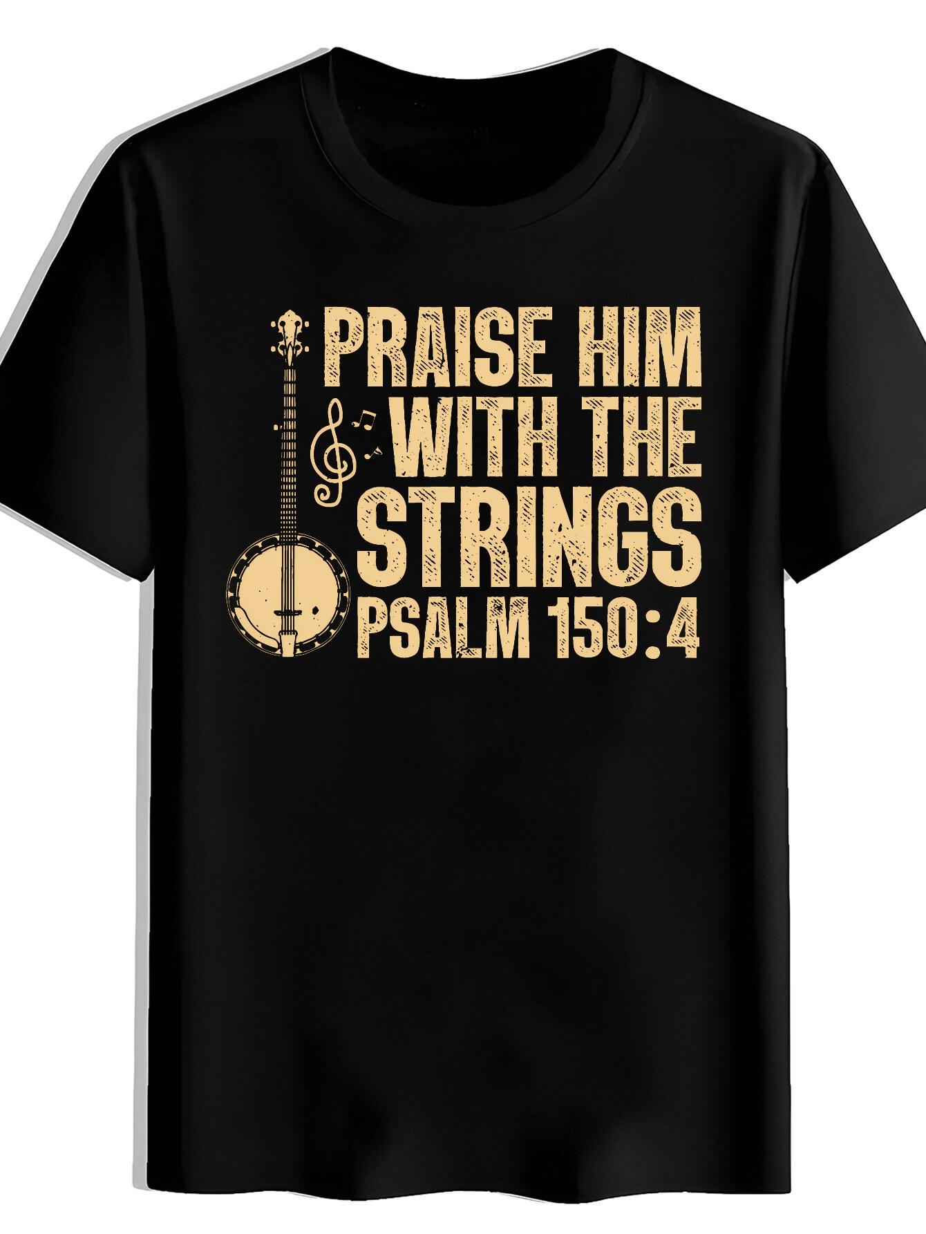 T-shirt Vintage Music-Themed - Praise Him with the Strings Graphic Tee - Shirt with Golden Lettering - Lightweight Shirt for Concerts L