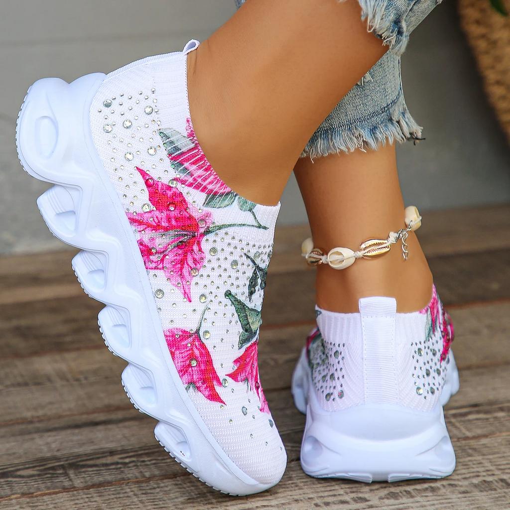 Women's Print Flower Platform Sneakers Crystal Lightweight Running Shoes for Women Breathable Knitting Sports Shoes Woman 2025