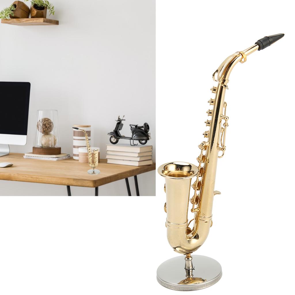 Mini Alto Saxophone Ornament Decoration Handmade Miniature Saxophone with Stand Tiny Alto Saxophone Dollhouse 16cm