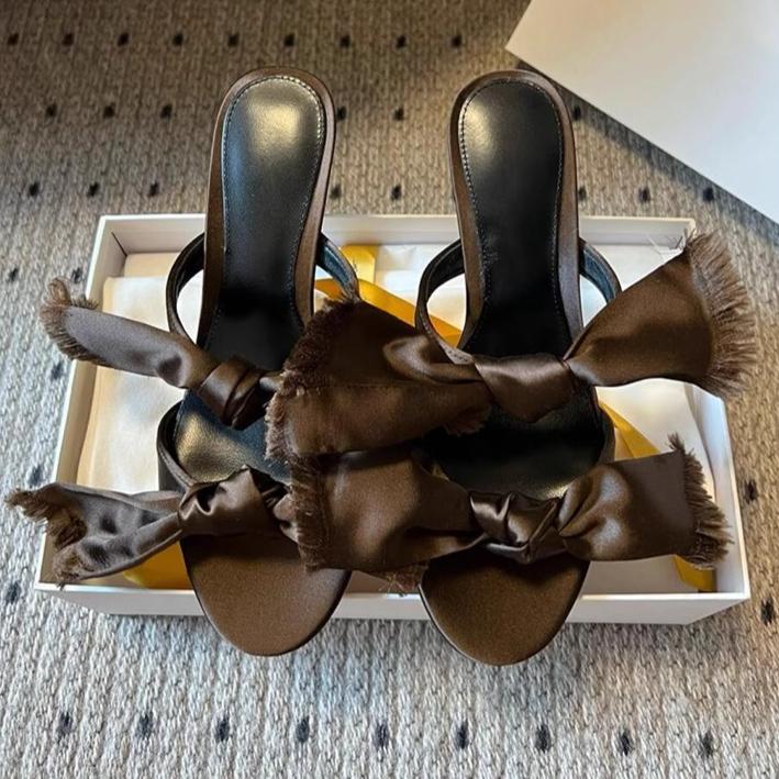 Bow Flat-bottomed Cool Slippers Women's New One-word Open-toed High-heeled Slippers