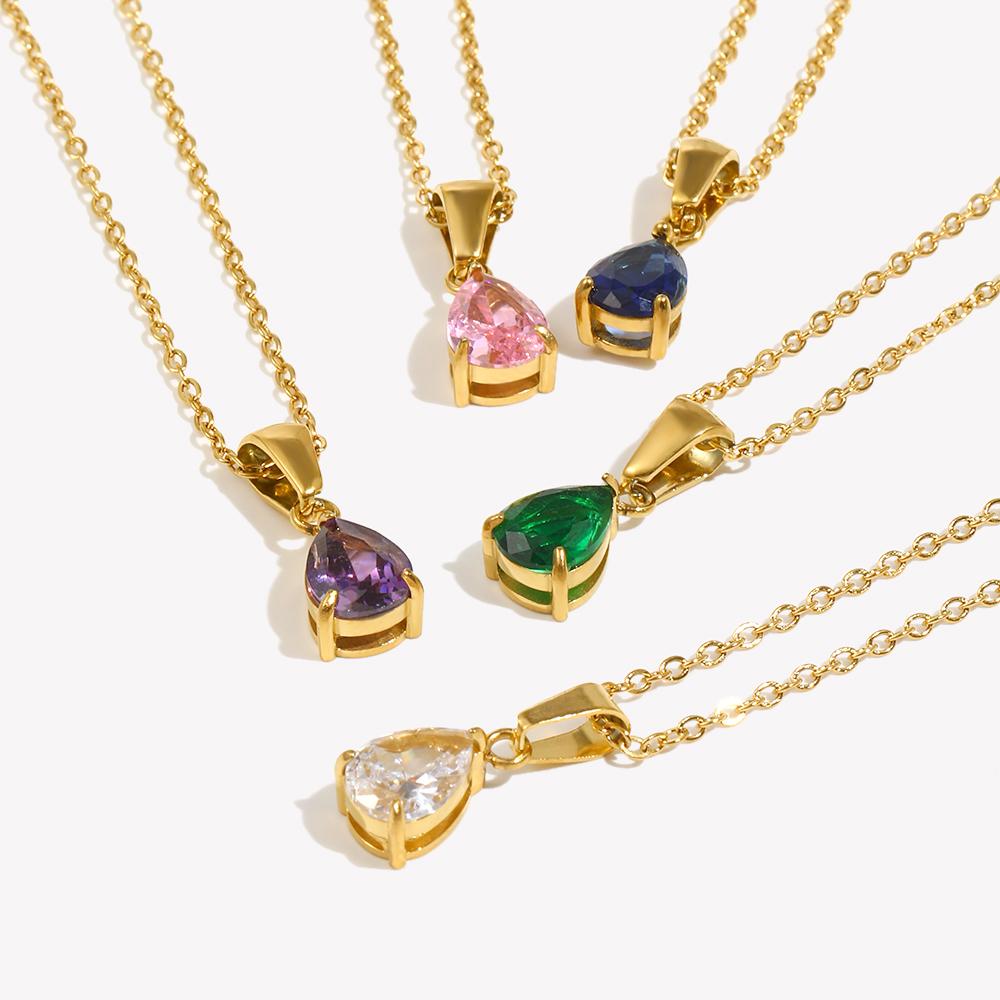 E.B.belle Summer Colorful Crystal Necklace Stainless Steel Gold Plated Waterproof Waterdrop Pendant Necklace For Wedding