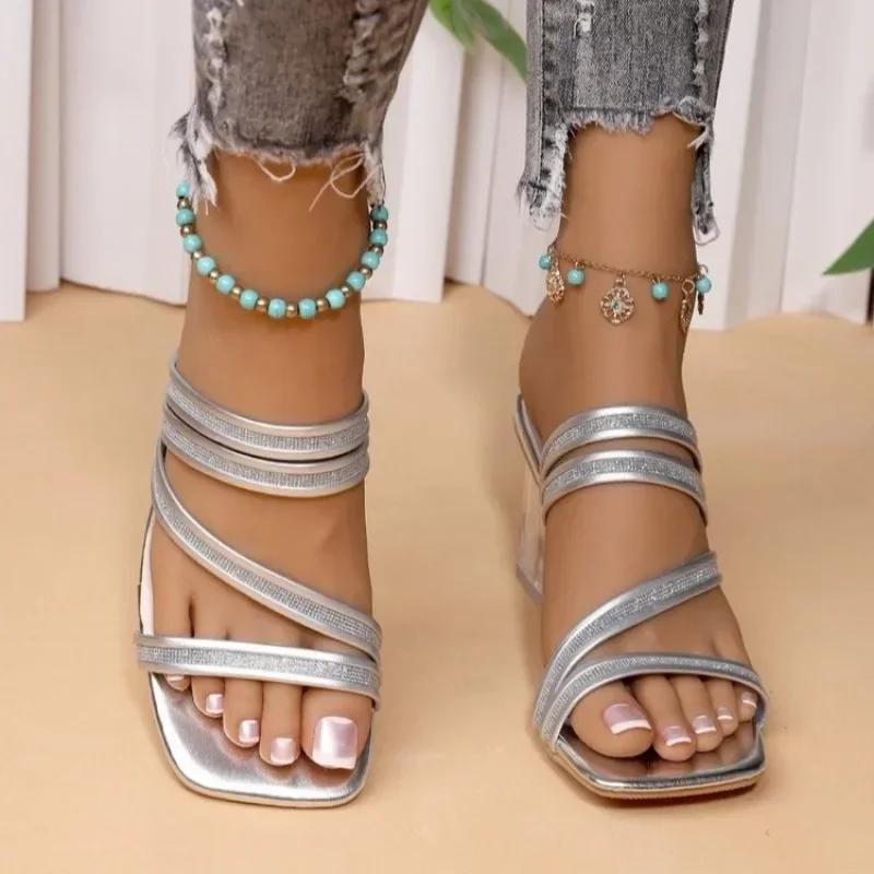 Ladies Shoes 2025 Open Toe Dress Slippers Women Plus Size Crystal Square Toe Chunky High Heels Modern Elegant Women's Sandals
