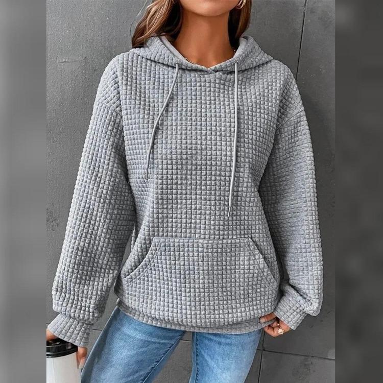 Solid Color Women Long Sleeve Pullover Hoodie with Pocket Plaid Round Neck