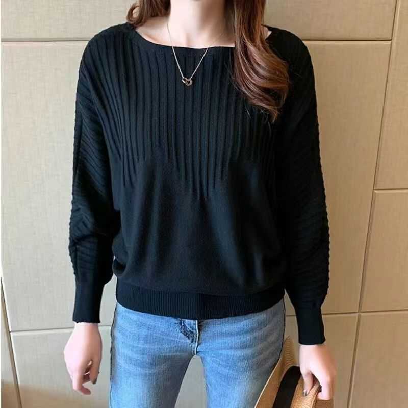 

Women s Spring & Autumn Batwing Sleeve Knit Sweater Base Layer Off-the-Shoulder Loose Minimalist Versatile Top 2XL