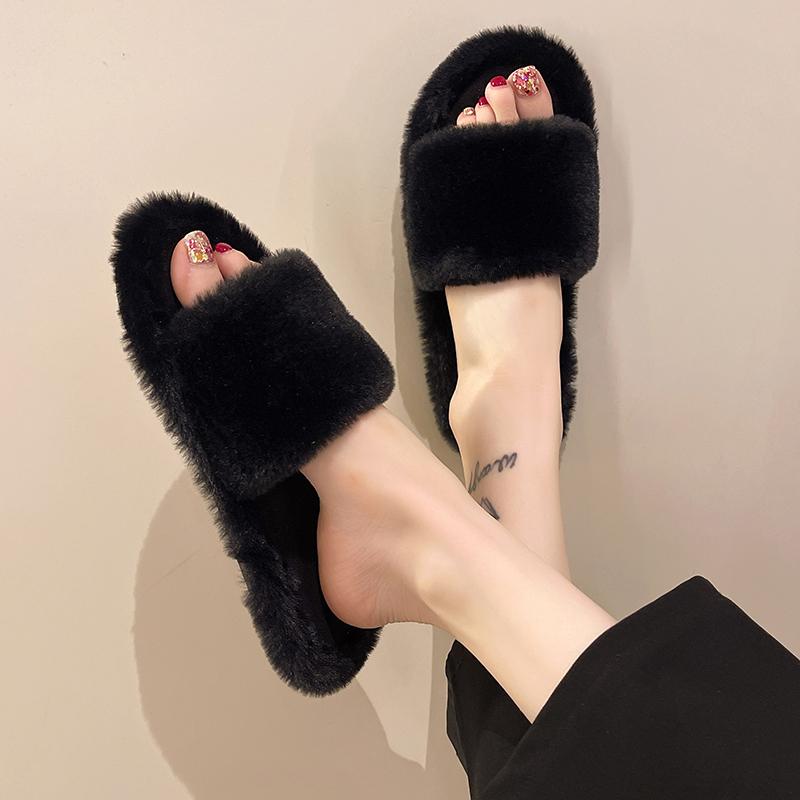 Leisure Slippers for Women Casual Flat Low Heels Sweet Short Plush Shoes for Women Solid Fur Slip on Winter Slides Plus Size