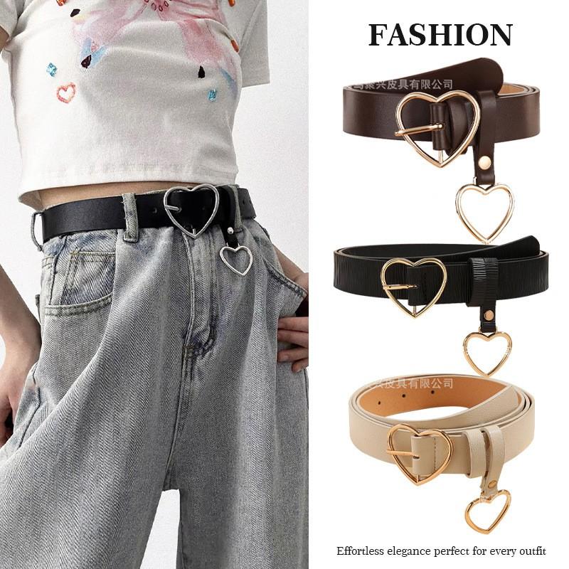 Womens Slim Leather Belt With Heart Pendant Decorative Waistband Casual Office Wear