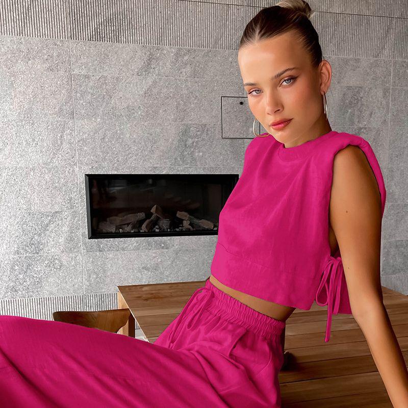 

New Arrival Padded Shoulder Sleeveless Top and Trousers Two-piece Set European and American Leisure Fashion Cotton and Linen Suit Women s Clothing Pink M