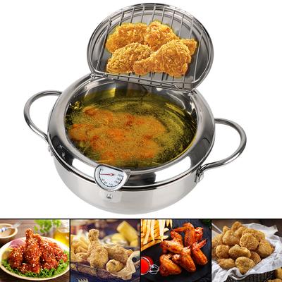 Marmite à frire profonde 2,2 L 2 poignées Ustensile de cuisine en acier inoxydable 304 avec thermomètre et couvercle Poêle à frire Tempura Outil de cuisson