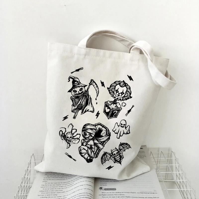 Готическая Harajuku белая винтажная холщовая сумка Horror Fuunny с мультяшным принтом большая вместительная сумка-шопер модная повседневная сумка на плечо 24*26cm