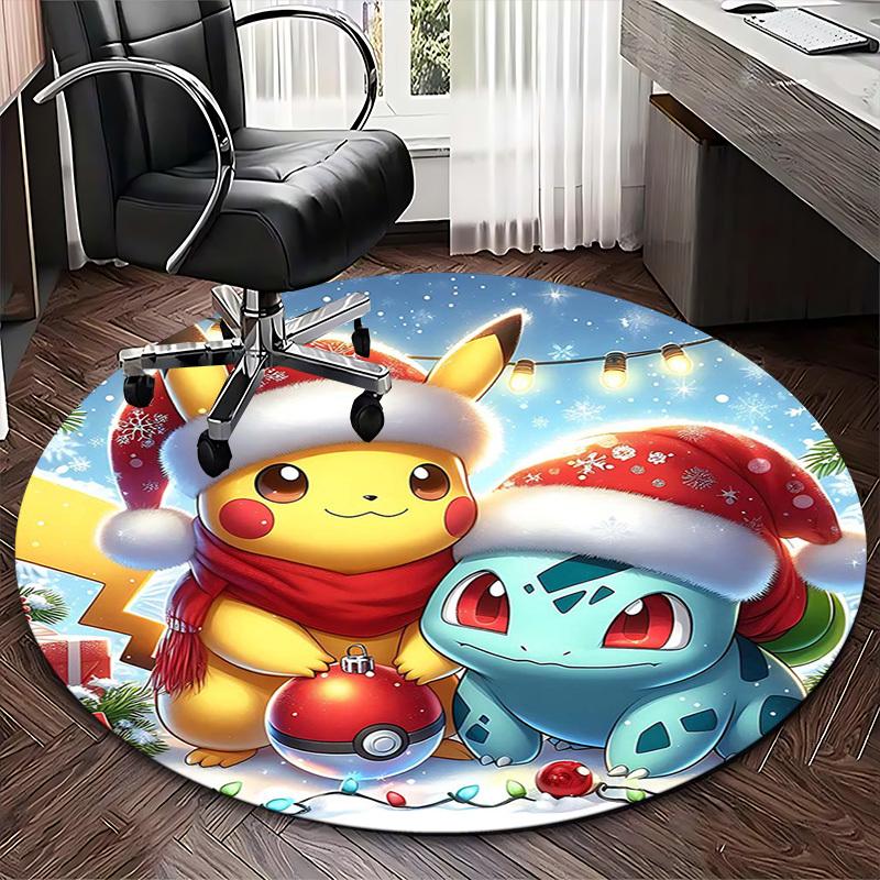 1pc Christmas Pikachu & Squirtle Anime Design Round Carpet - Office Chair Mat, Non-Slip Rug for Home Decor, Living Room, Bedroom