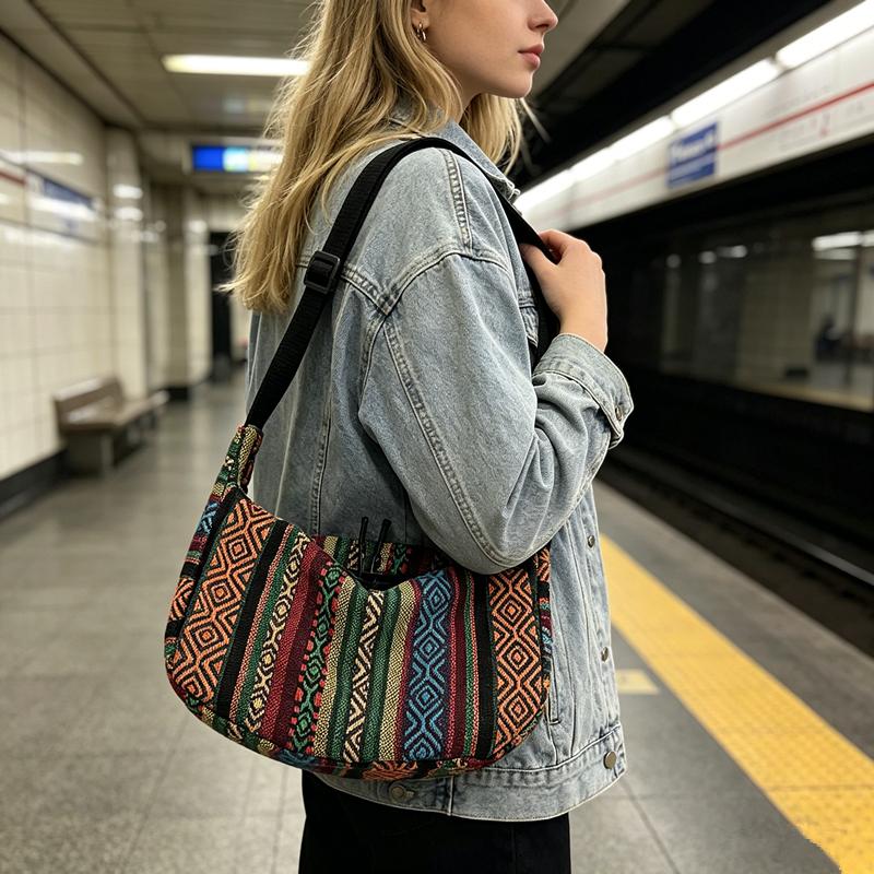 Vintage Ethnic Crossbody Bag Bohemian Tribal Pattern Hobo Purse with Adjustable Strap Casual Soft Shoulder Bag for Daily Travel