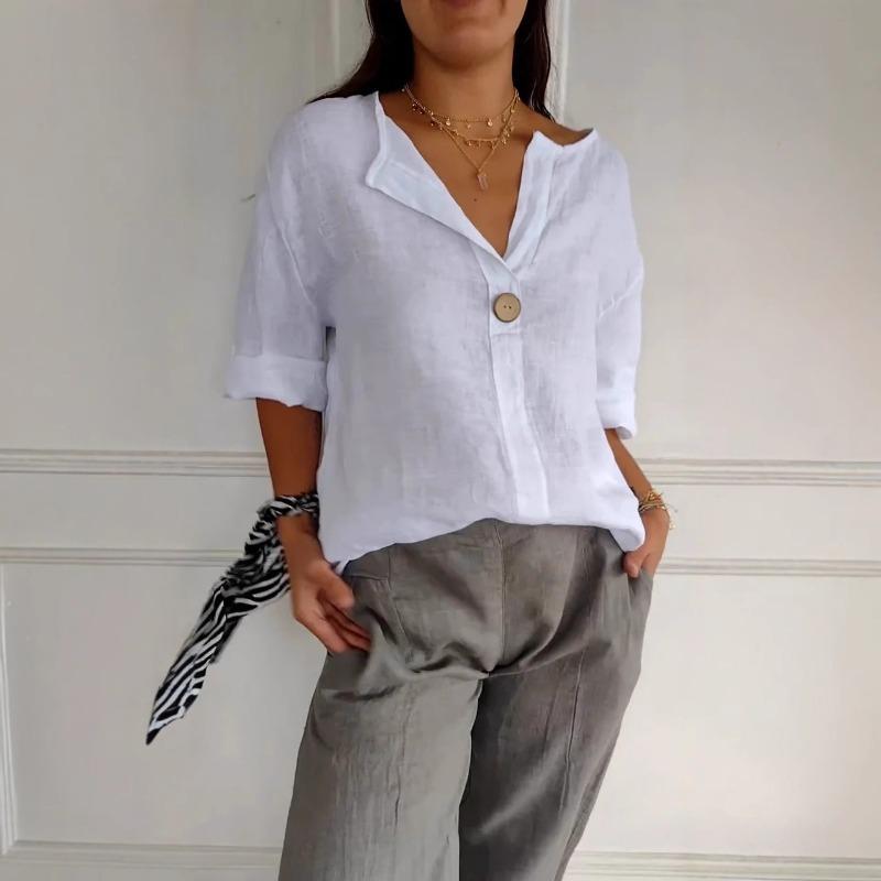 Summer New Loose T-shirt Women's V-neck Cotton and Linen Button Top