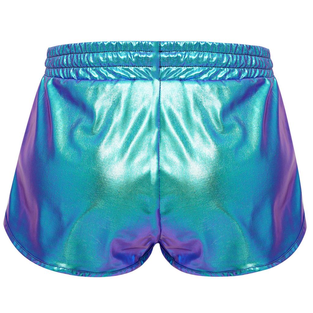 Meisjes Metallic Korte Broek Trekkoord Elastische Tailleband Glanzende Hotpants Dans Bodems Zakken Sportkorte Broek