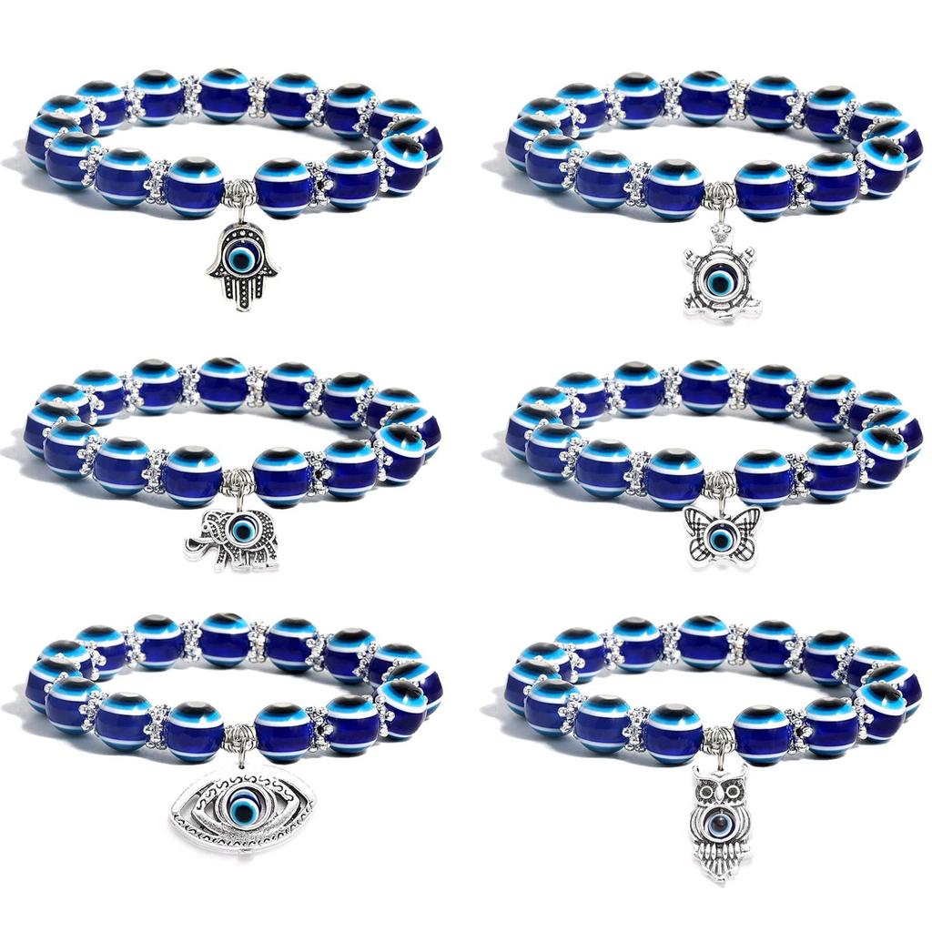 Evil Eye Bead Bracelet Blue Eye Hamsa Beaded Charm Stretch Bracelet Hand of Fatima Turkish Lucky Evil Eye Bracelet