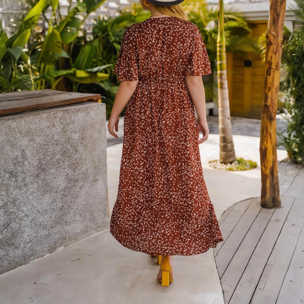 Women's Fashionable Plus Size Floral Print V-neck Short Sleeved High Waisted Loose Dress