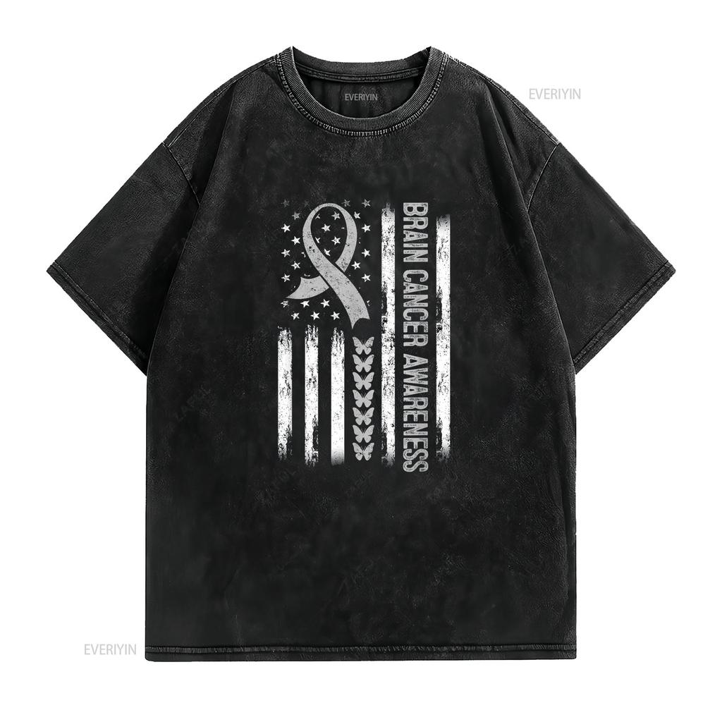 Brain Cancer Awareness American Flag T Shirt Vintage Washed Soft Stylish Slightly Fashion Breathable Top For Everyday Wear