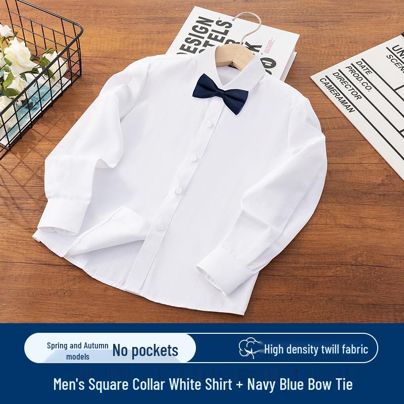 Boy's White Long-Sleeve Shirt for Spring/Autumn - Elementary School Campus Uniform & June 1st Performance Costume.