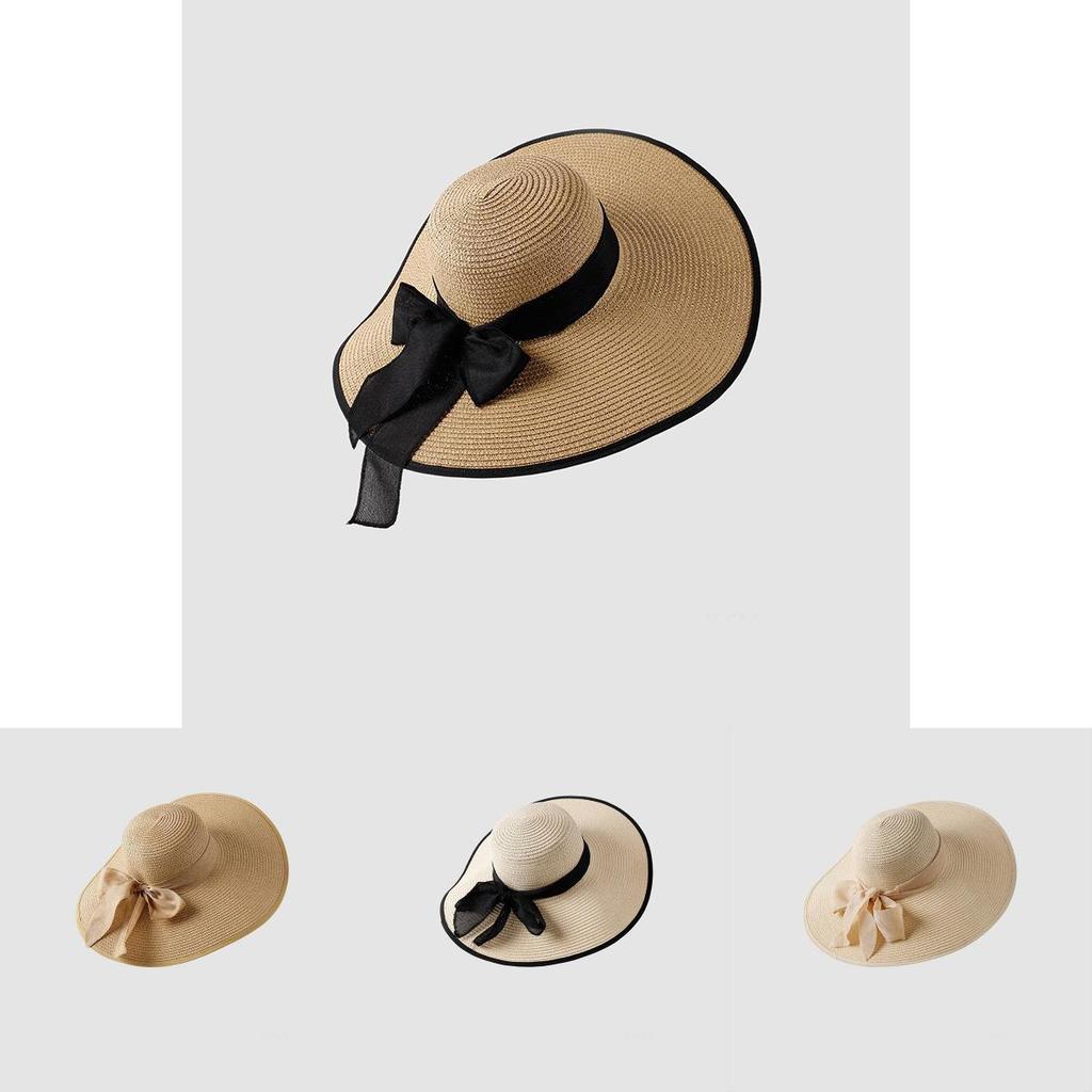Women's Wide Brim Straw Hat With Bow Beach Sun Hat Uv Protection Korean Style