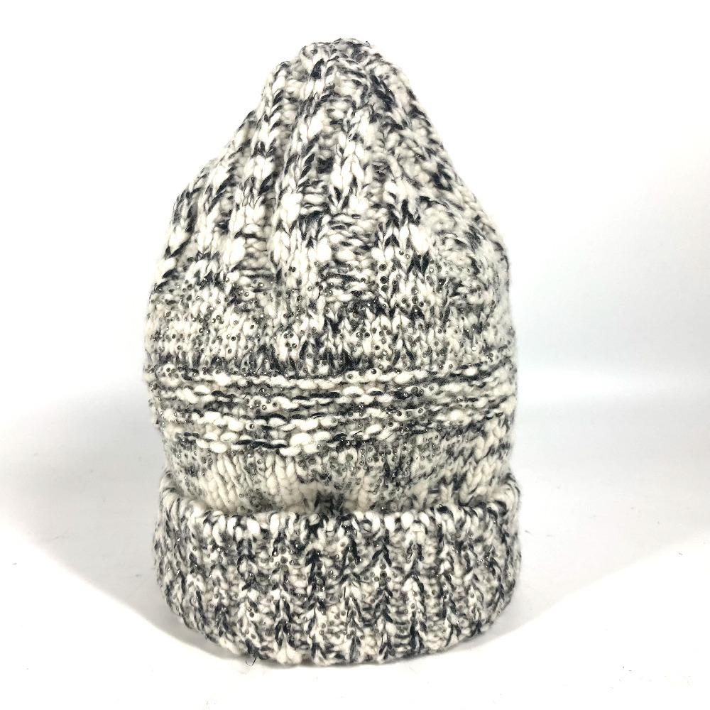 CHANEL Rhinestone beanie knit hat knit cap Knit hat Wool / Cashmere Black/White