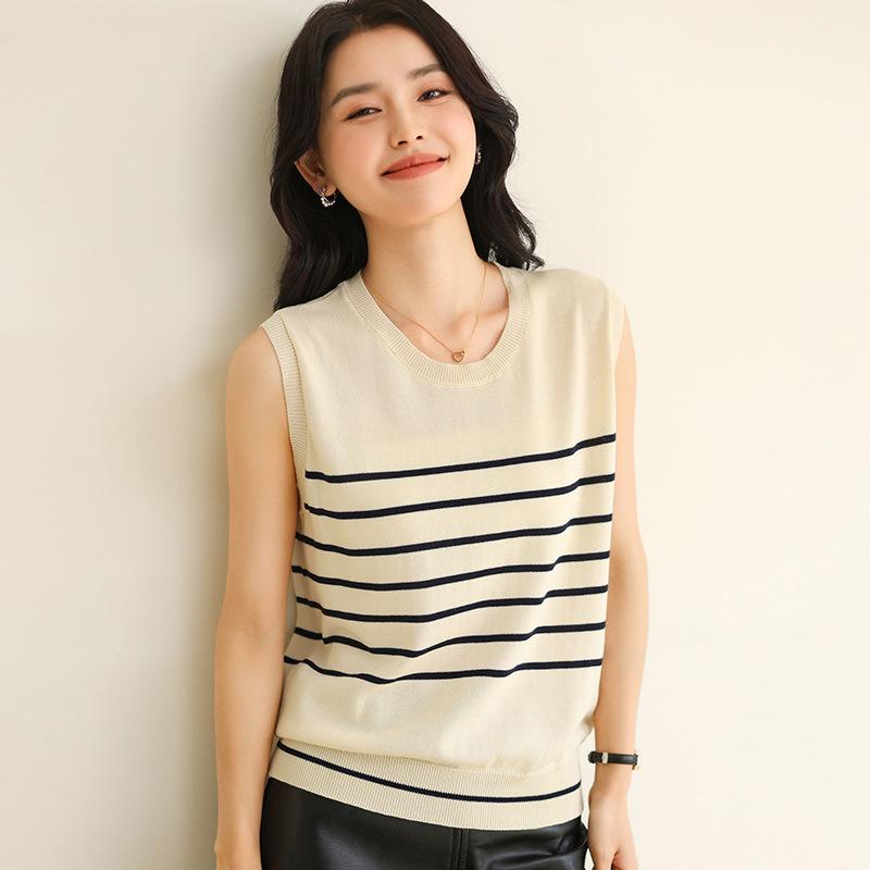 Damen Rundhals Ärmellos Locker Geschnitten Gestreift Baumwollstrick Tanktop Bluse