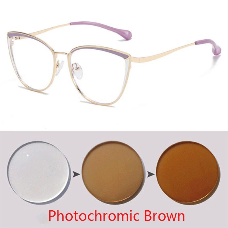 Anti-blue Light Cat Eye Prescription Spectacle Women Myopia Lens Photochromic Eyeglasses Diopter 0 -0.5 -0.75 -1.0 -2.0 To -6.0