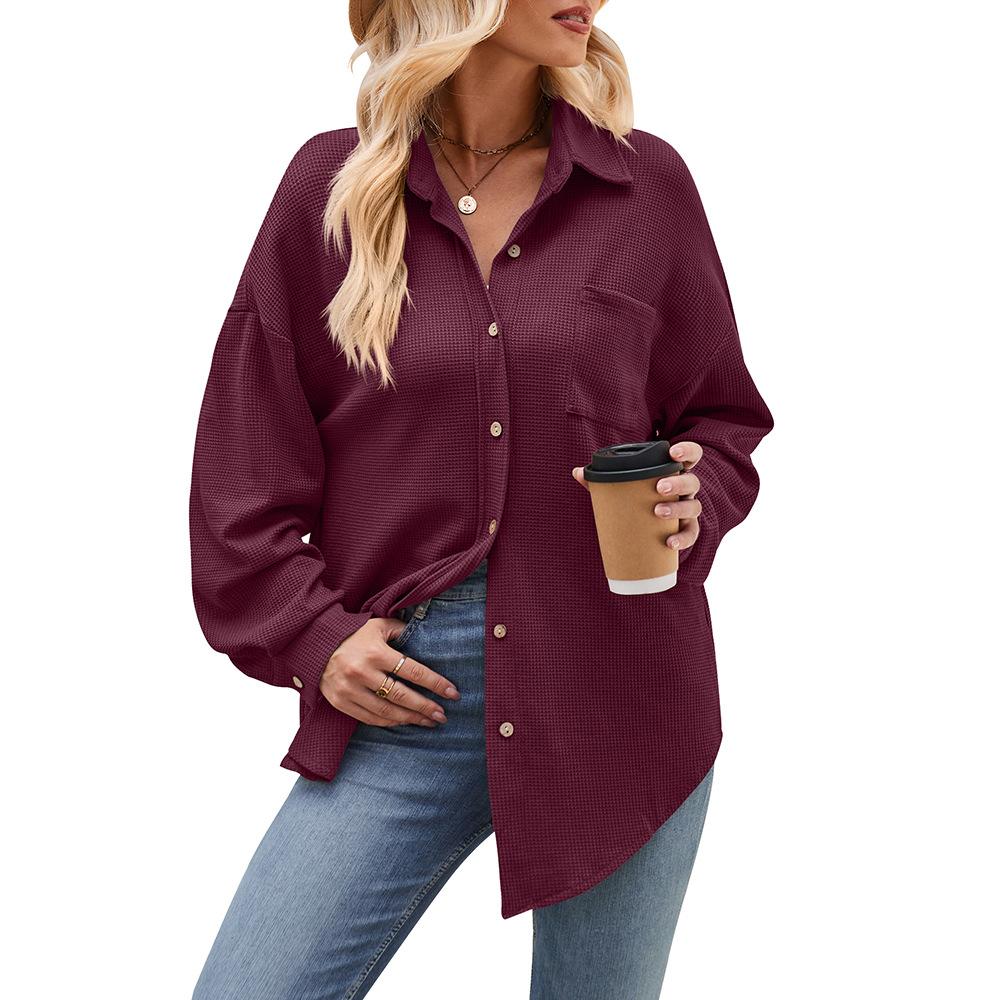 Dames Herfst en Winter Casual Losse Zak Wafel Mode Shirt