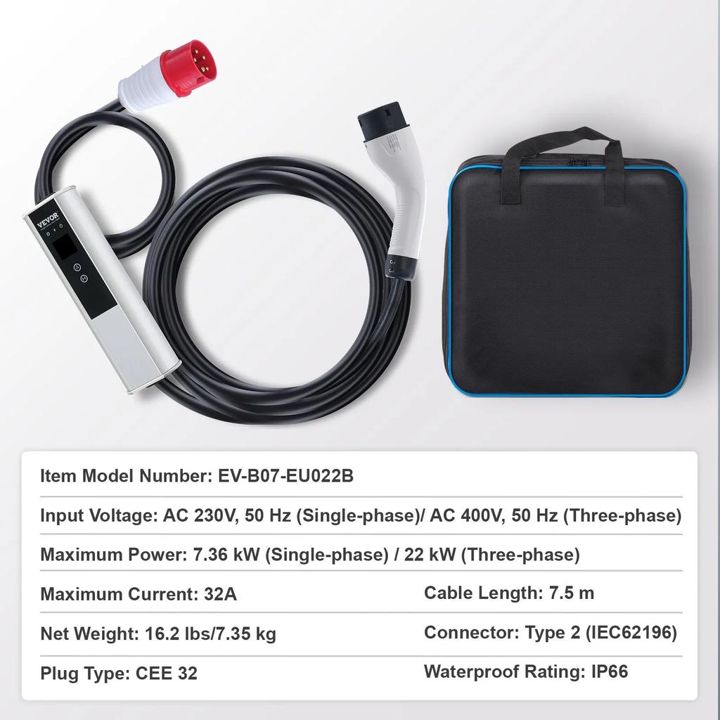VEVOR Portable EV Charger Type 2, 32A 7.36 kW/22 kW, Electric Vehicle Car Charger with 7.5 M Charging Cable CEE 32 Plug LCD