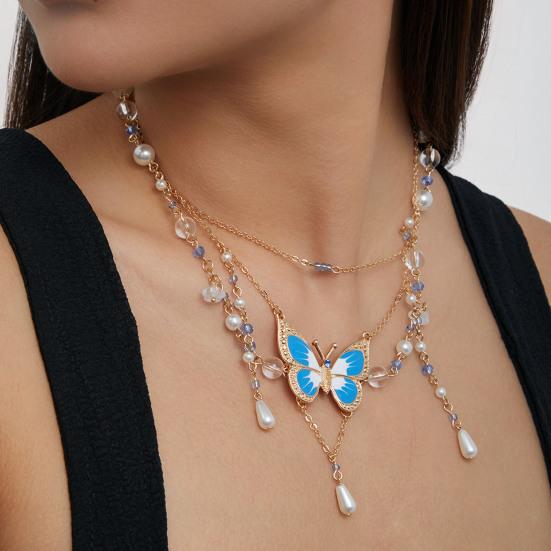 Women Necklace Multi Layer Chain Imitation Pearls Decor Butterflies Charm Choker Necklace Adjustable Length Neck Jewelry