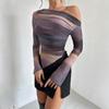 Women's Off Shoulder Long Sleeve Slim Fit Street Print Mesh Blouse T-Shirt