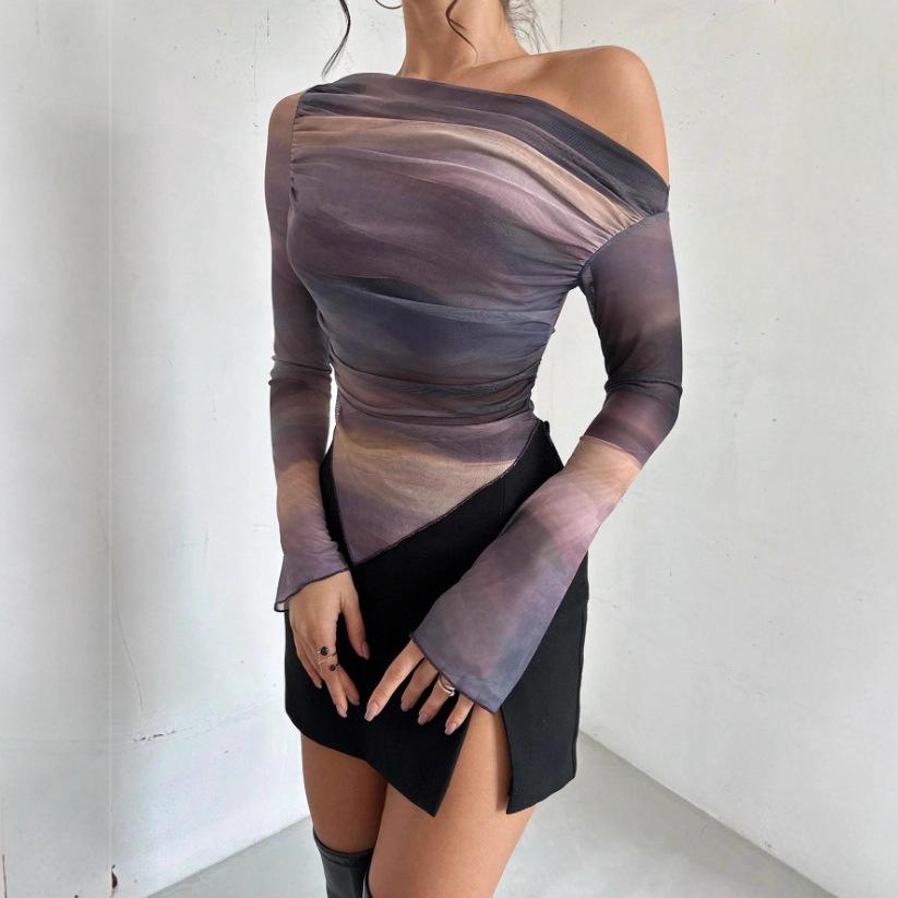 Women's Off Shoulder Long Sleeve Slim Fit Street Print Mesh Blouse T-Shirt