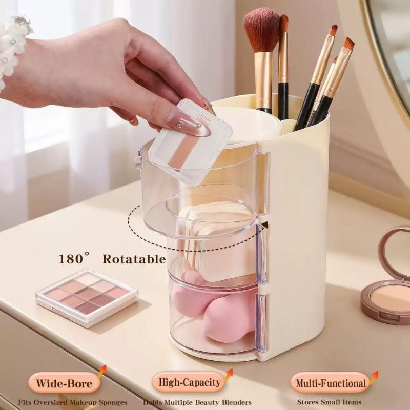360-Degree Rotating Cosmetic Storage Box Dustproof Multi-Functional For Storing Brushes Sponges And Lipstick