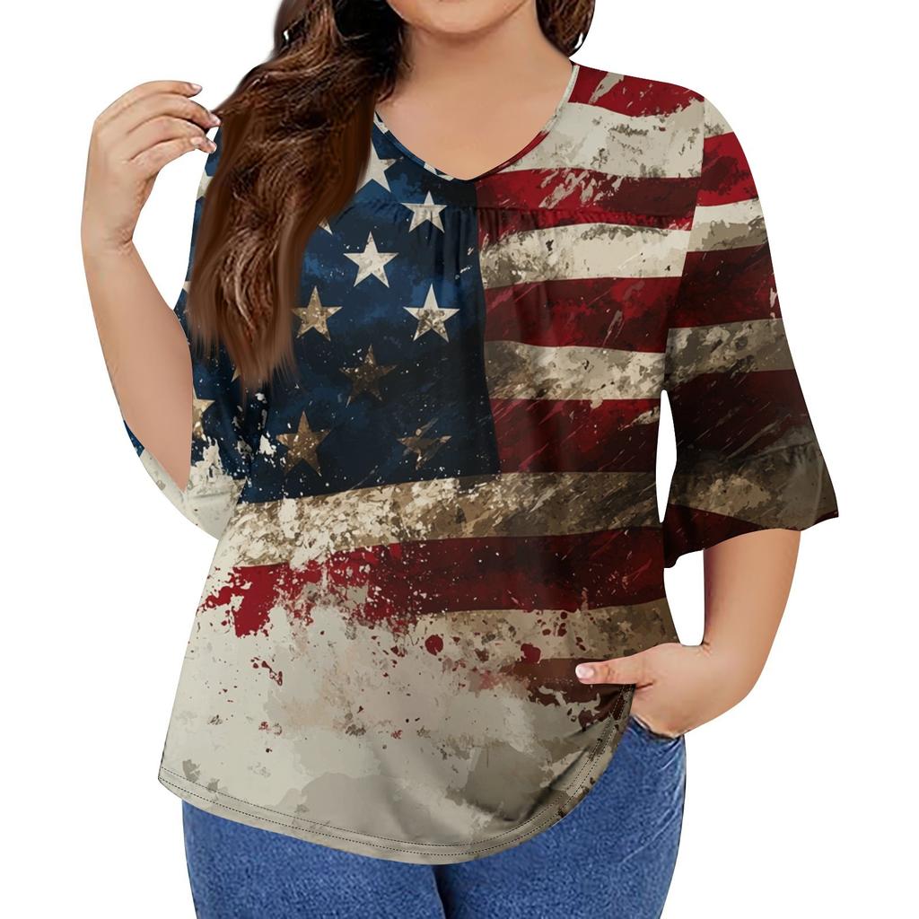 Women's Fashion Casual V-Neck Seven Sleeve Ruffle Sleeve Independence Day Printed T-Shirt Tops Plus Size Women's
