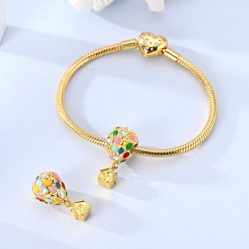 Copper Classic Golden Iridescent Hot Air Balloon Pendant Charm Compatible With Authentic Charm Bracelets Women Do It Yourself Jewellery Gift