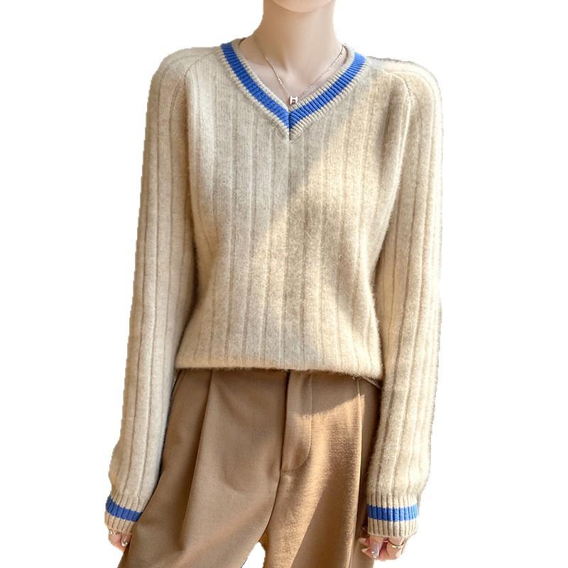 100% Pure Wool V-Neck Striped Long Sleeve Loose Casual Slimming Pullover