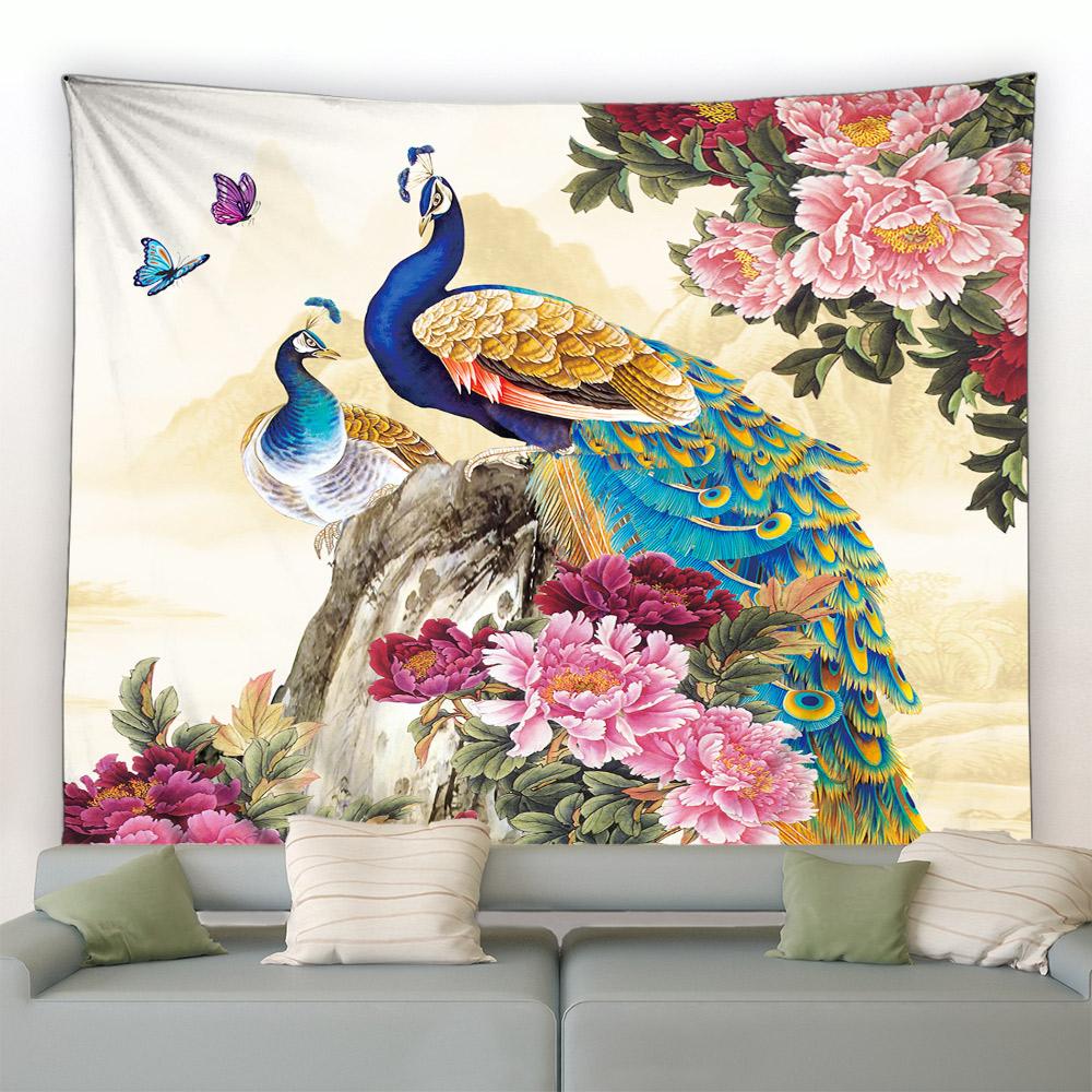 Cute Peacock Tapestry Peony Flower Butterfly Bird Wall Hanging Chinese Landscape Painting Tapestry for Living Room Bedroom Decor
