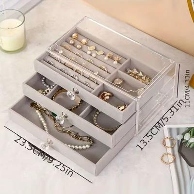 2025 Acryl Samt Schmuck Organizer mit 3 Schubladen zur Aufbewahrung von Ohrringen, Halsketten, Armbändern - Stapelbare Vitrine Box Halter