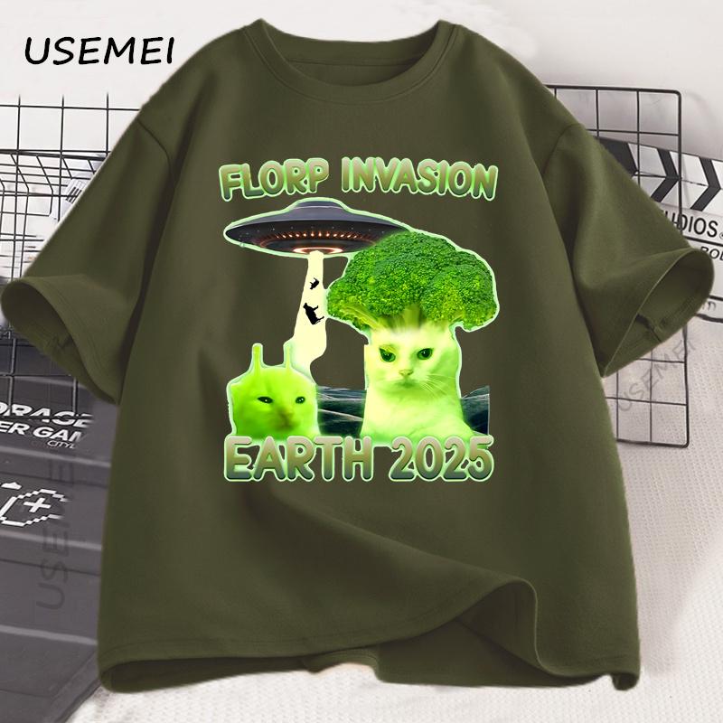 Funny Alien Brainrot Cat T-Shirt Broccoli Cat Printed Tshirt Cotton Short Sleeve Round Neck T Shirt Men's Clothes Streetwear