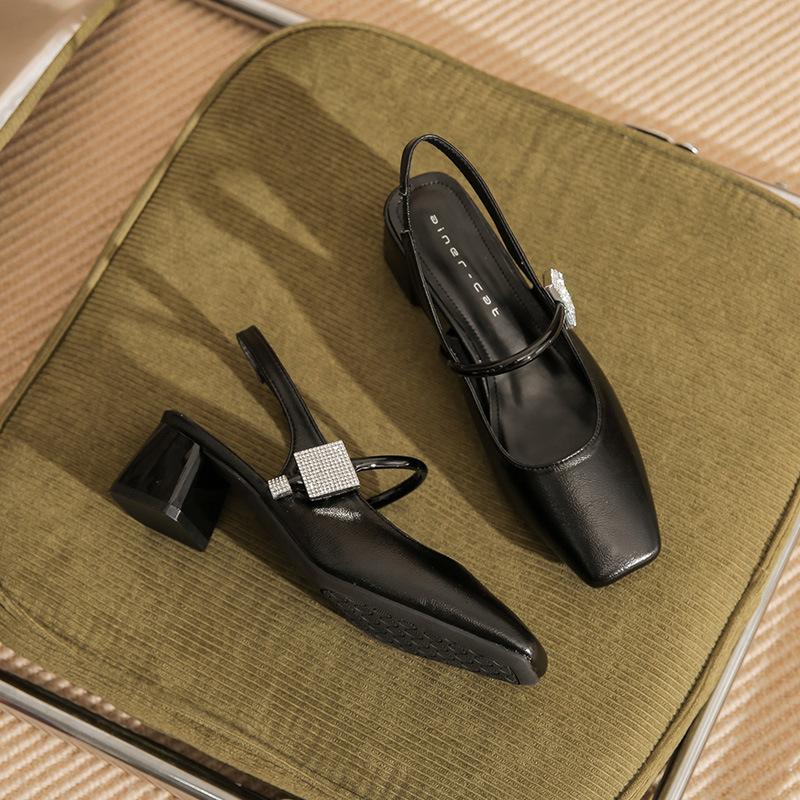 

55101 high heels women s thick heel 2025 new square head rear empty sandals temperament medium heel rhinestone Mary Jane single shoes 34