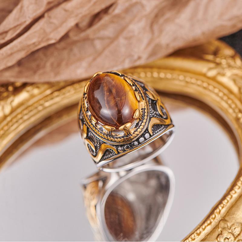 Men's Vintage Tiger Eye Stone Ring Fashionable Bold Zinc Alloy Gemstone Band US Standard Size