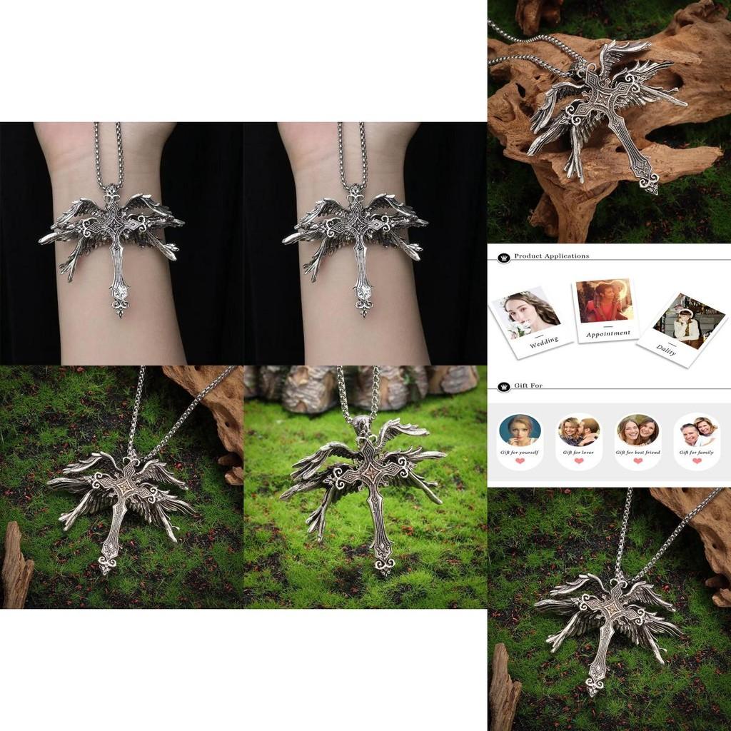 Fashionable Six Wing Angel Cross Necklace Eye-catching Design With Alloy And Pearl Chain